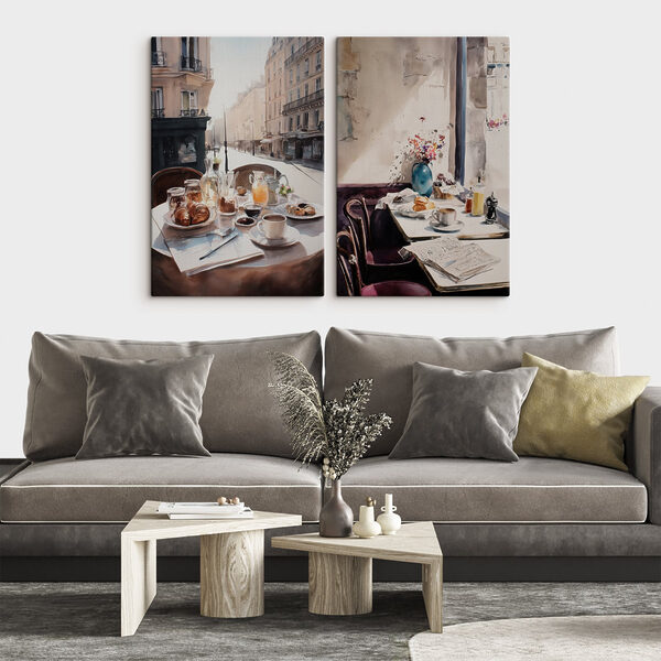 Watercolor painting of a table with food and drinks on it Watercolor painting of a table with food and drinks on it