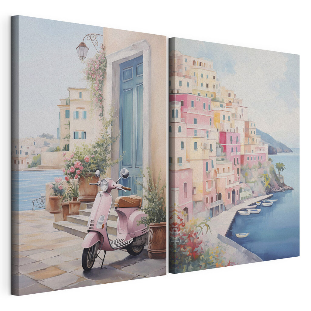 Painting of a pink scooter parked next to a pink building Painting of a pink scooter parked next to a pink building
