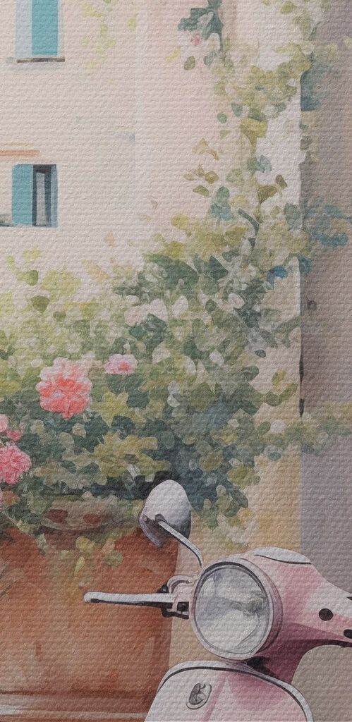 Painting of a pink scooter parked next to a pink building Painting of a pink scooter parked next to a pink building