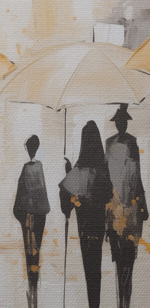 Painting of people walking with umbrellas Painting of people walking with umbrellas