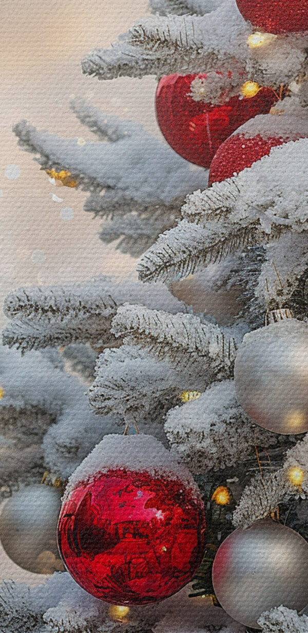 Festive ornaments hang on trees Festive ornaments hang on trees