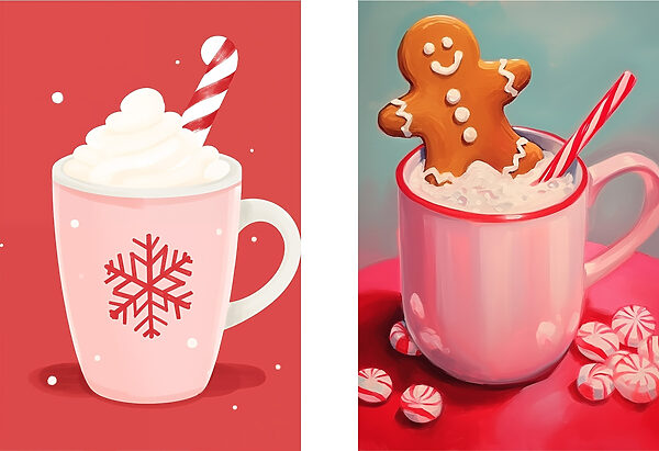 Couple mugs of hot chocolate and a gingerbread man Couple mugs of hot chocolate and a gingerbread man