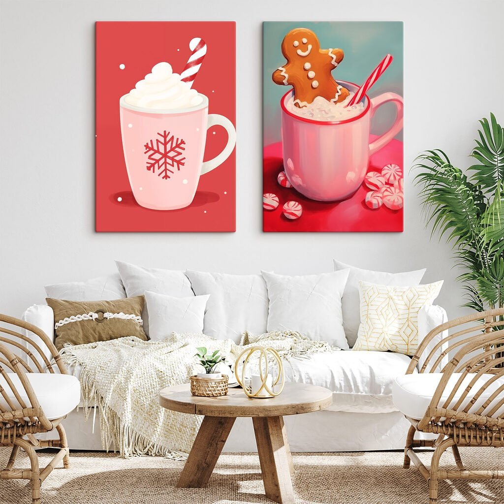 Couple mugs of hot chocolate and a gingerbread man Couple mugs of hot chocolate and a gingerbread man