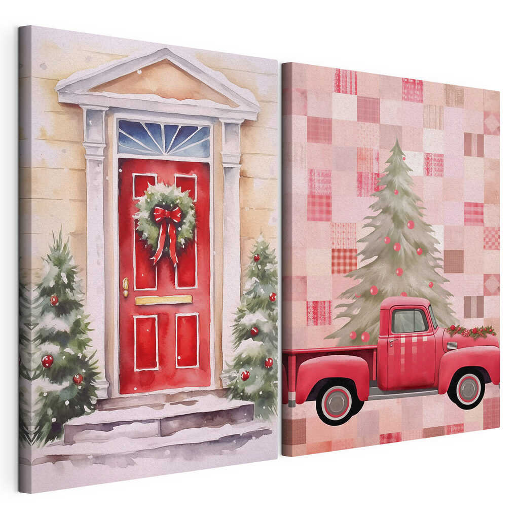 Red truck and a red door with a wreath and a red truck