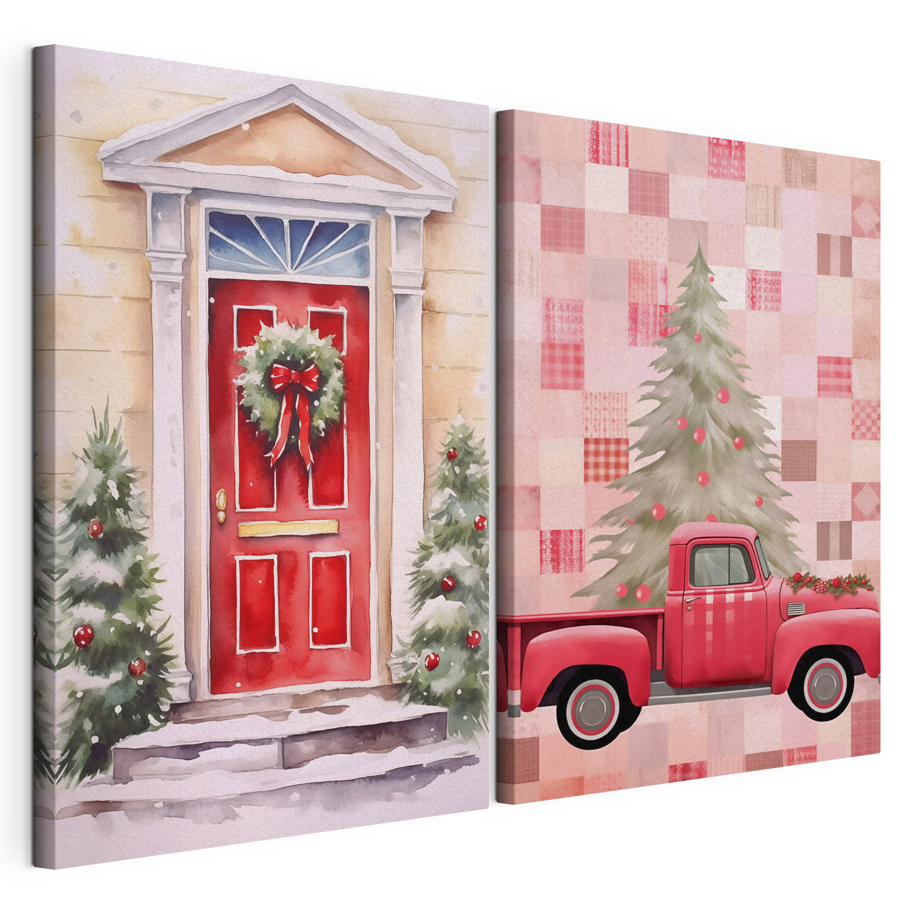Red truck and a red door with a wreath and a red truck