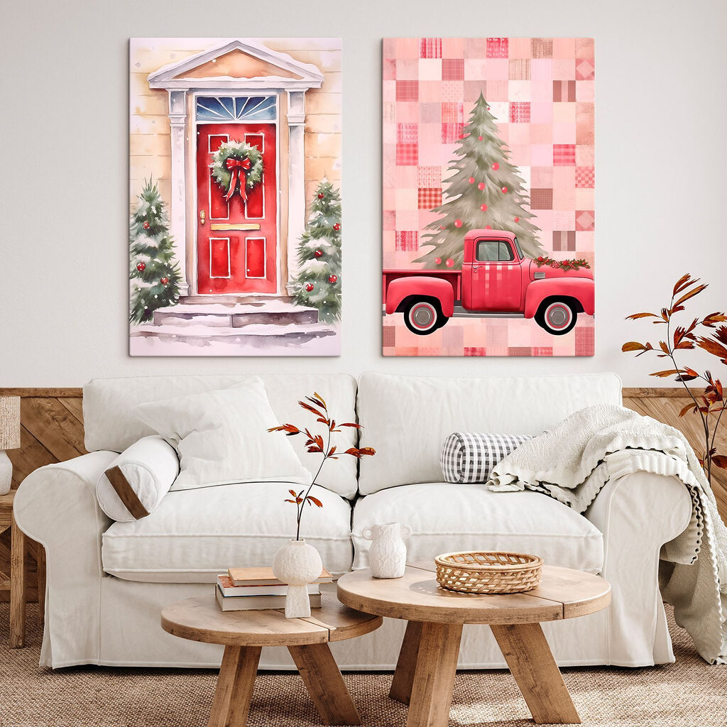 Red truck and a red door with a wreath and a red truck