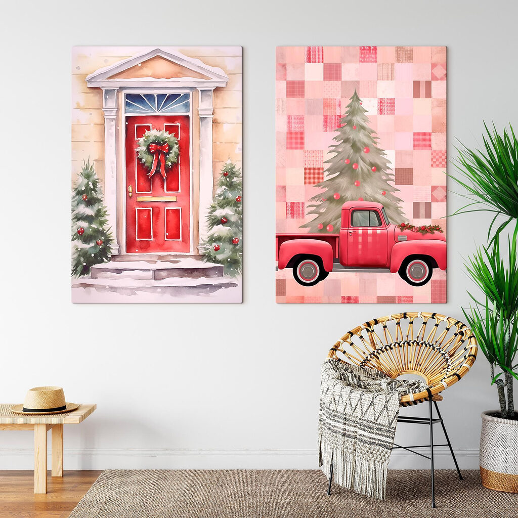 Red truck and a red door with a wreath and a red truck
