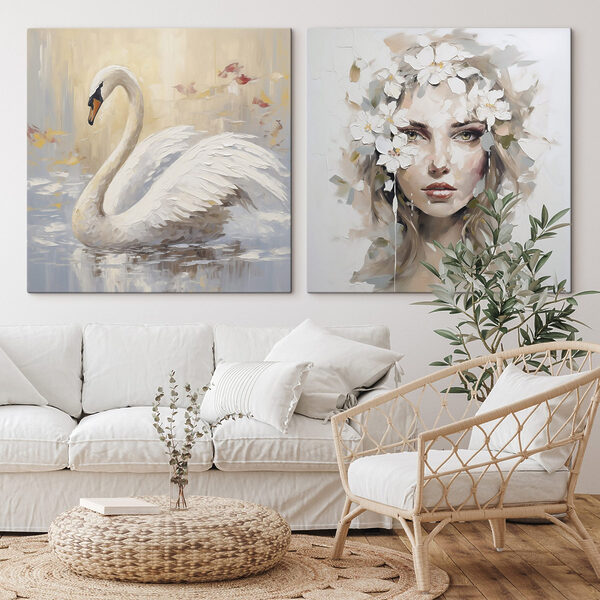 Painting of a woman with flowers in her hair and a swan Painting of a woman with flowers in her hair and a swan