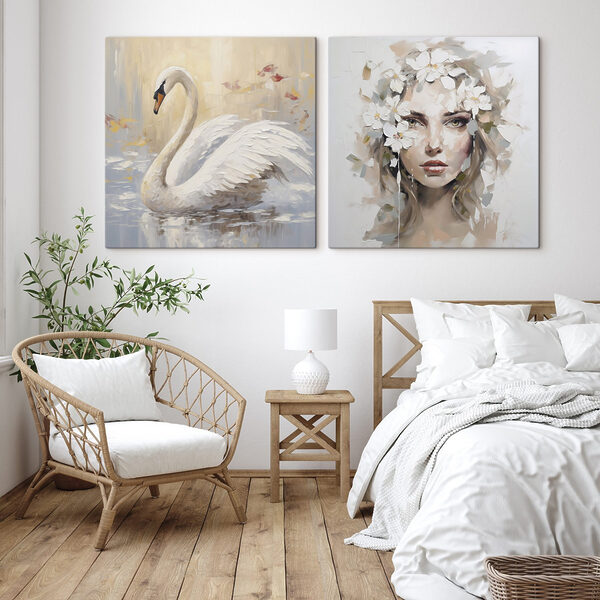 Painting of a woman with flowers in her hair and a swan Painting of a woman with flowers in her hair and a swan