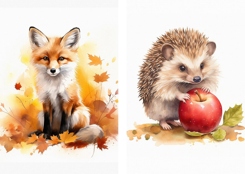 Fox and hedgehog holding an apple Fox and hedgehog holding an apple