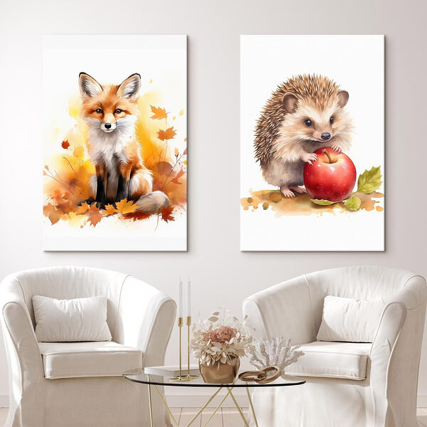 Fox and hedgehog holding an apple Fox and hedgehog holding an apple