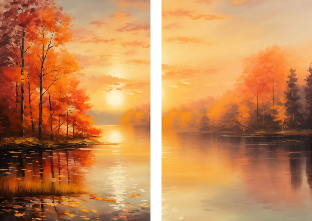 Painting of a lake and a sunset Painting of a lake and a sunset