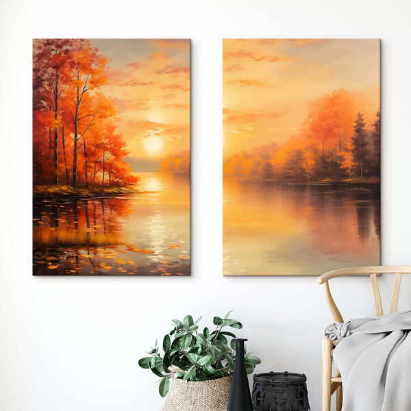 Painting of a lake and a sunset Painting of a lake and a sunset