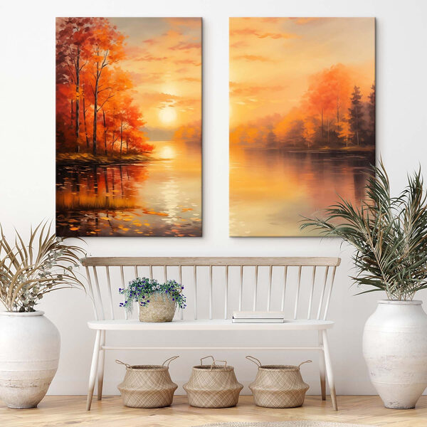 Painting of a lake and a sunset Painting of a lake and a sunset