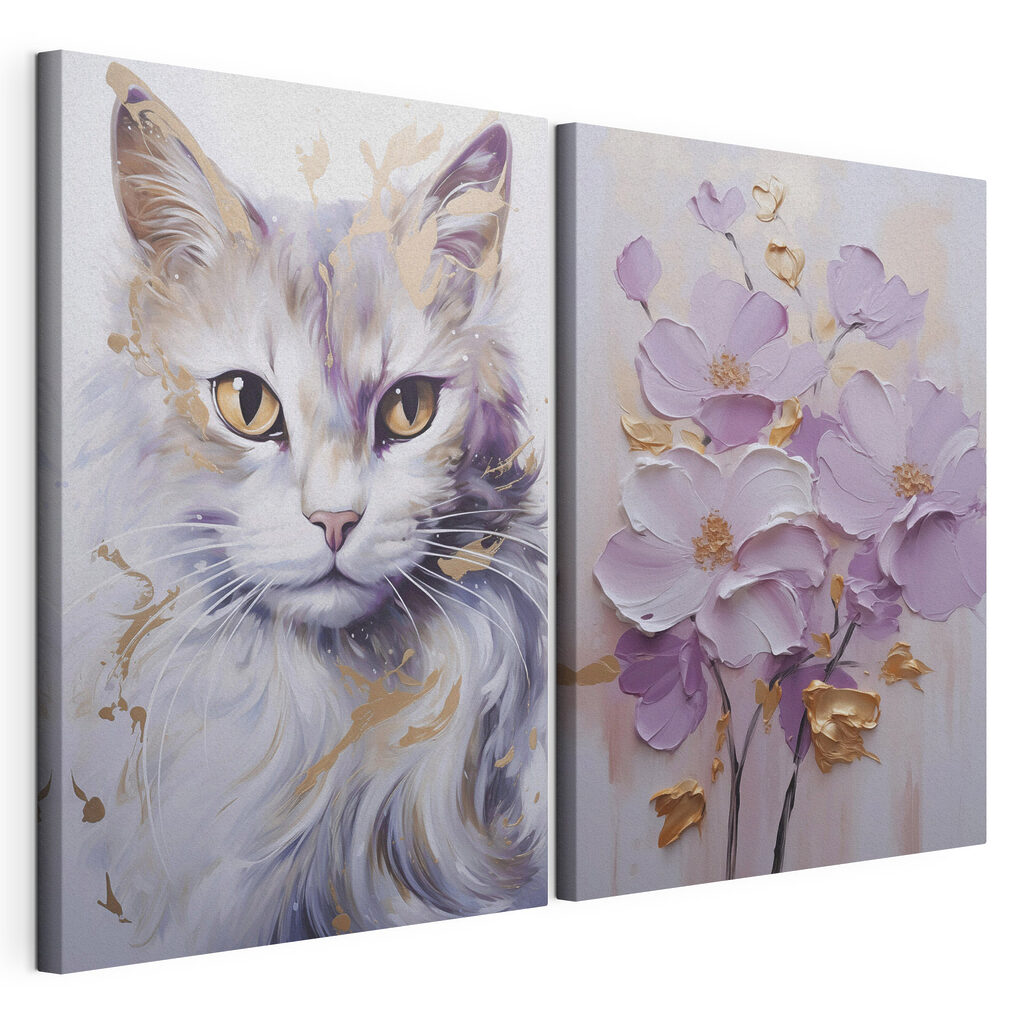 Painting of a cat and a painting of flowers Painting of a cat and a painting of flowers