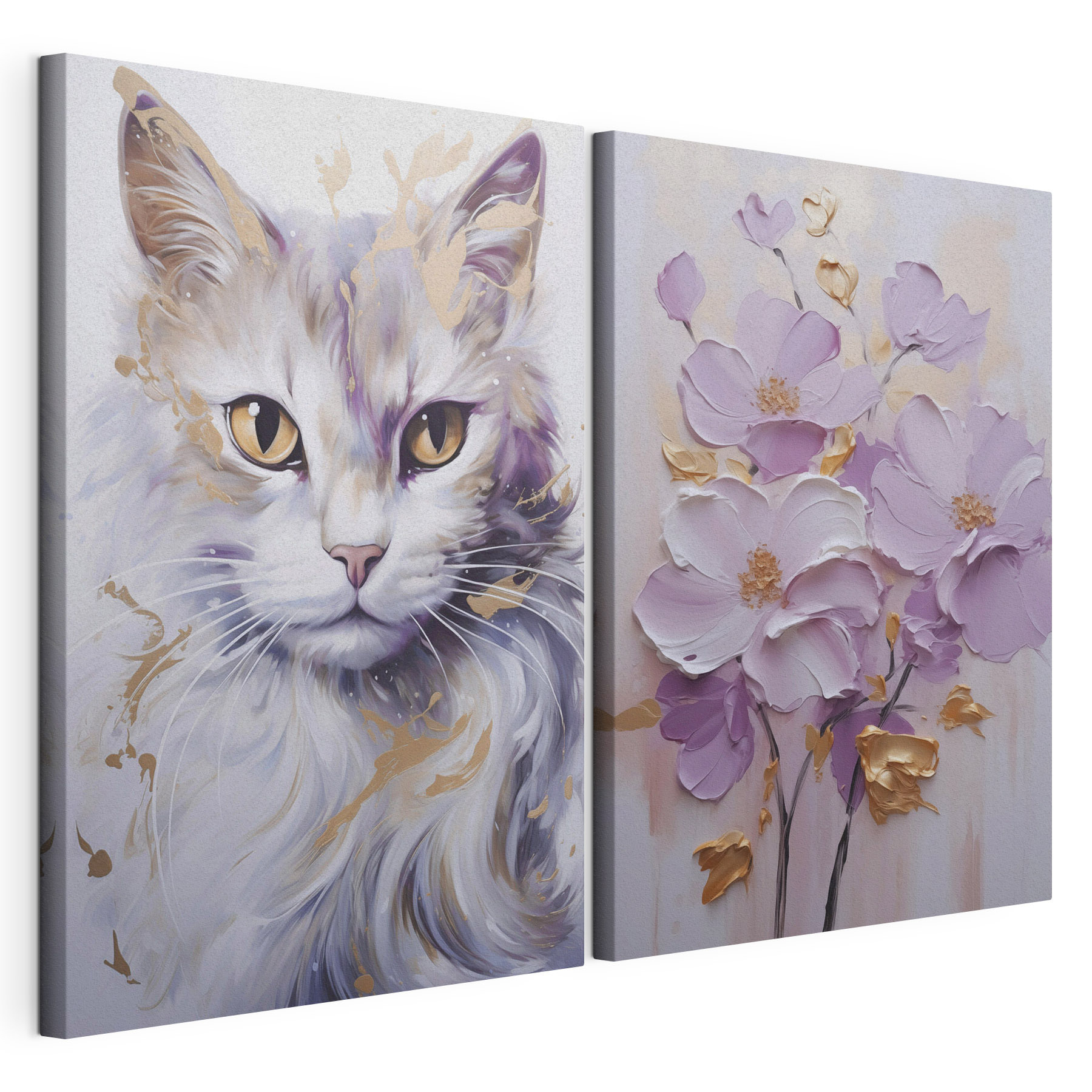 Painting of a cat and a painting of flowers Painting of a cat and a painting of flowers