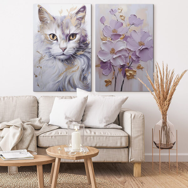 Painting of a cat and a painting of flowers Painting of a cat and a painting of flowers