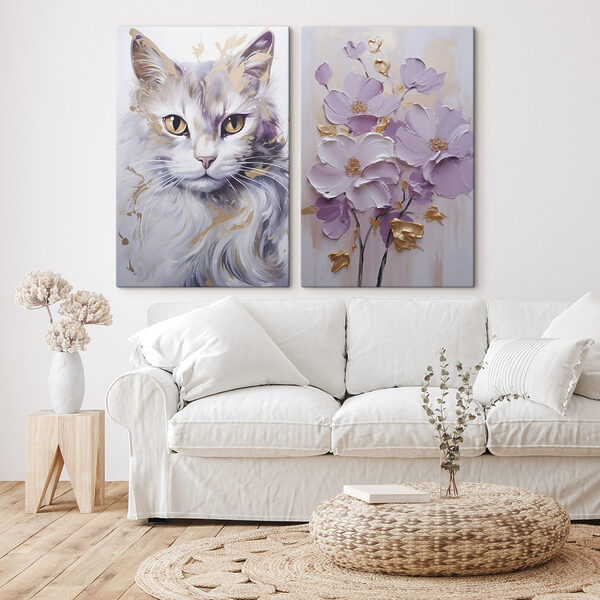 Painting of a cat and a painting of flowers Painting of a cat and a painting of flowers