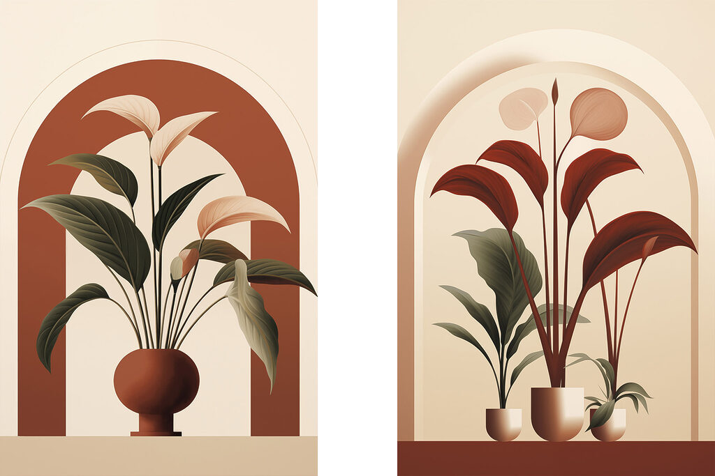 Two images of plants in pots Two images of plants in pots
