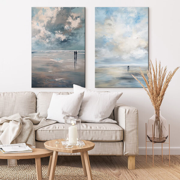 Painting of people walking on a beach Painting of people walking on a beach
