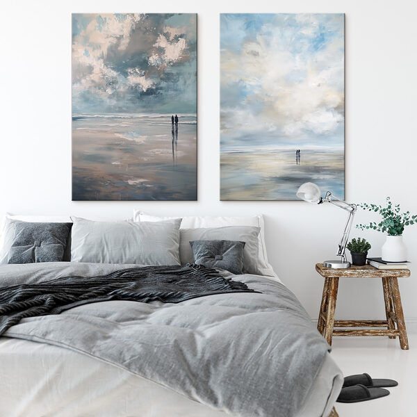 Painting of people walking on a beach Painting of people walking on a beach