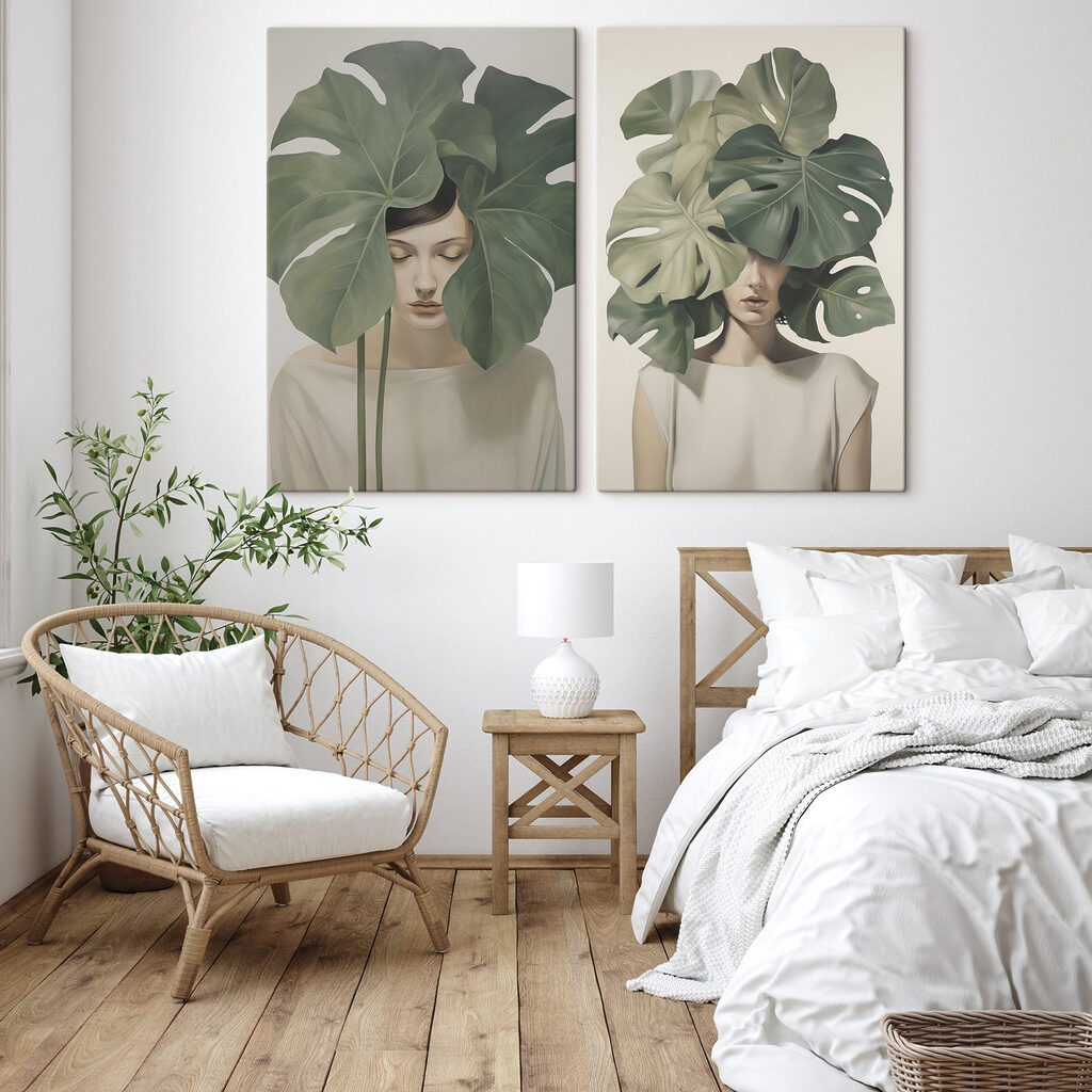 Two images of a woman with leaves on her head Two images of a woman with leaves on her head