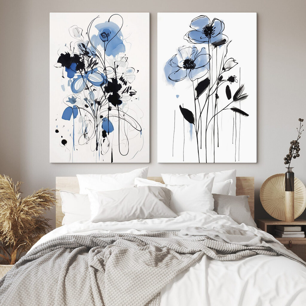 Painting of flowers with black and blue paint Painting of flowers with black and blue paint