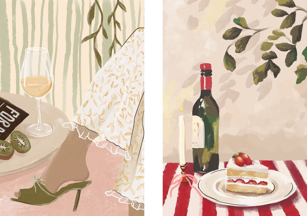 Painting of a woman's feet and a cake on a table Painting of a woman's feet and a cake on a table