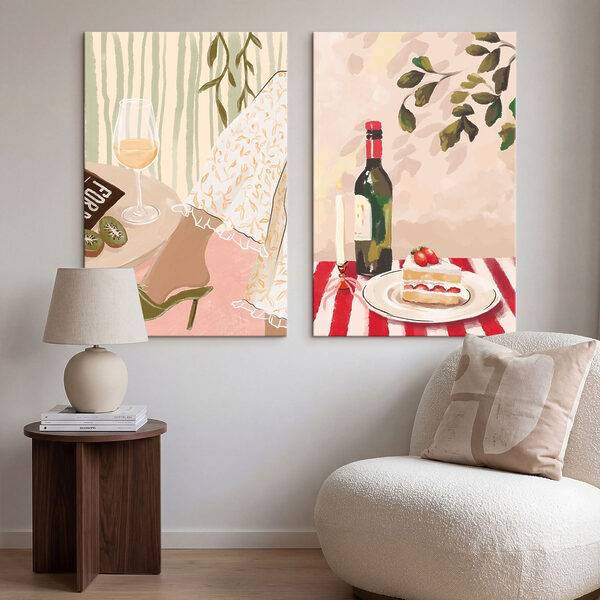 Painting of a woman's feet and a cake on a table Painting of a woman's feet and a cake on a table