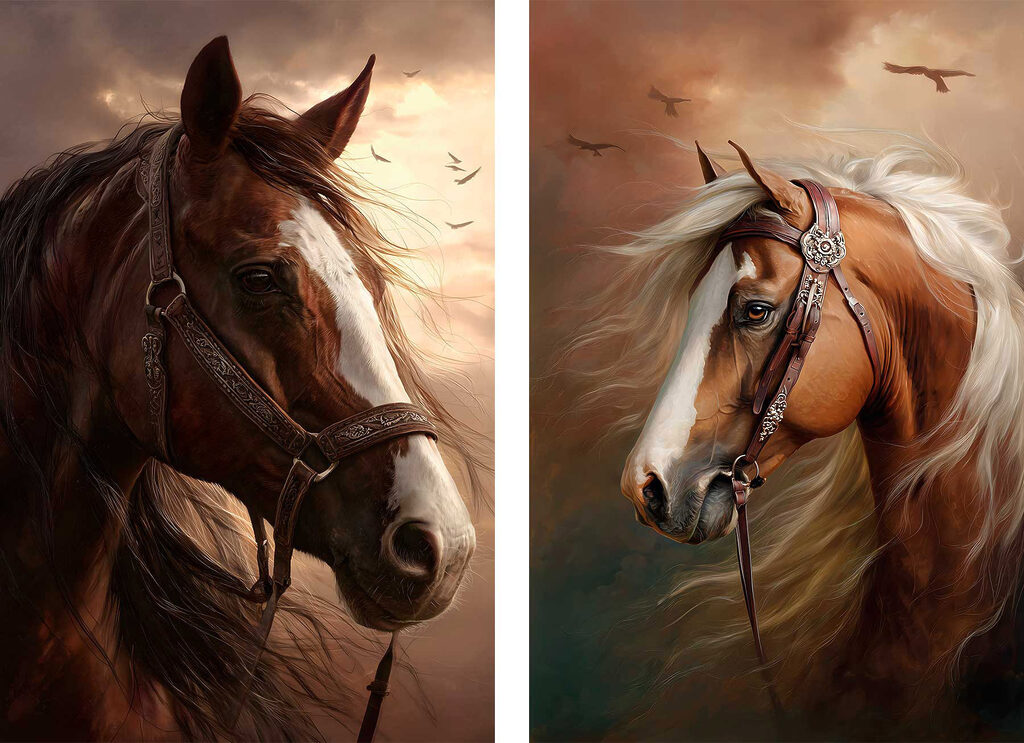 Collage of horses with a bridle