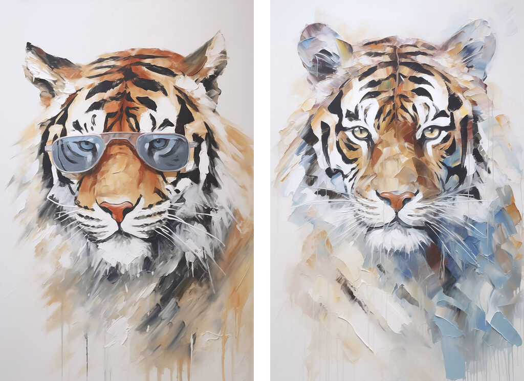 Two pictures of tigers wearing sunglasses Two pictures of tigers wearing sunglasses