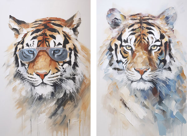 Two pictures of tigers wearing sunglasses Two pictures of tigers wearing sunglasses