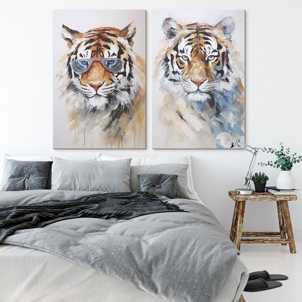Two pictures of tigers wearing sunglasses Two pictures of tigers wearing sunglasses