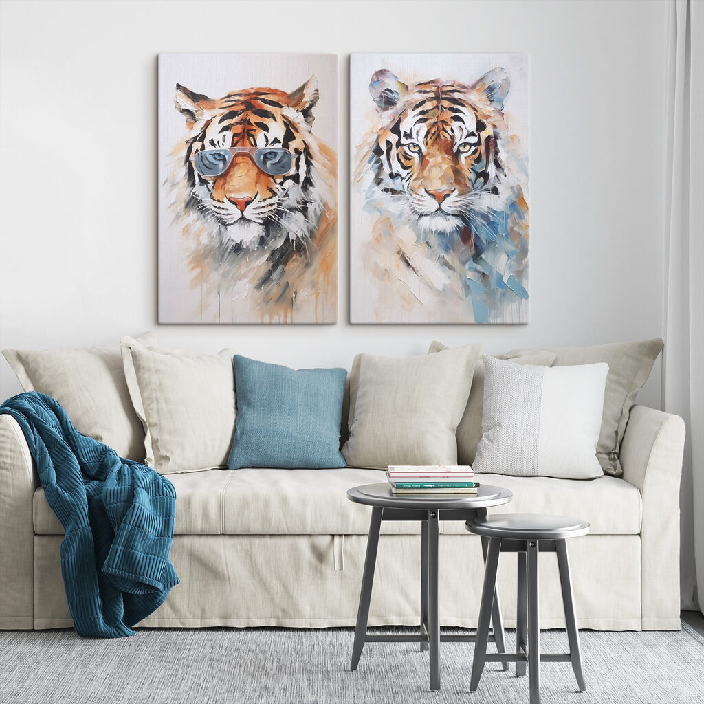 Two pictures of tigers wearing sunglasses Two pictures of tigers wearing sunglasses