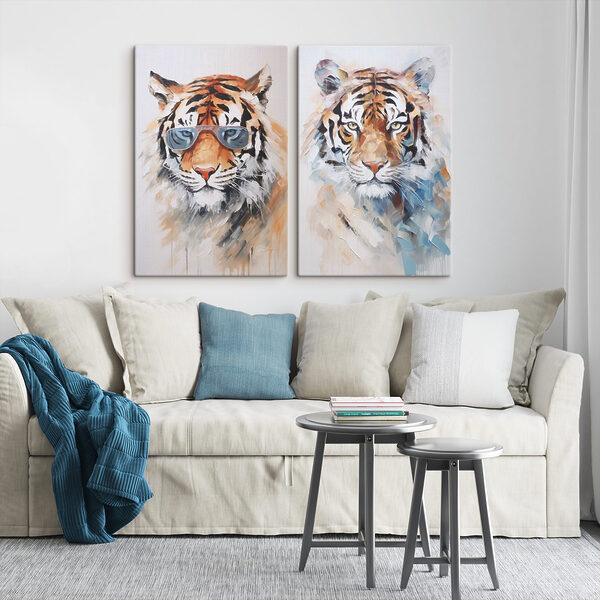 Two pictures of tigers wearing sunglasses Two pictures of tigers wearing sunglasses