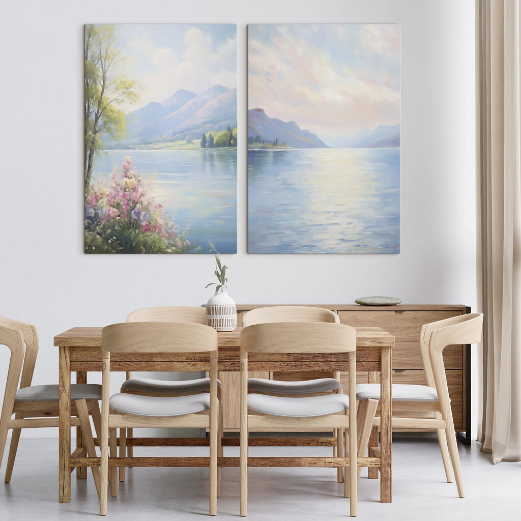 Painting of a lake and mountains Painting of a lake and mountains