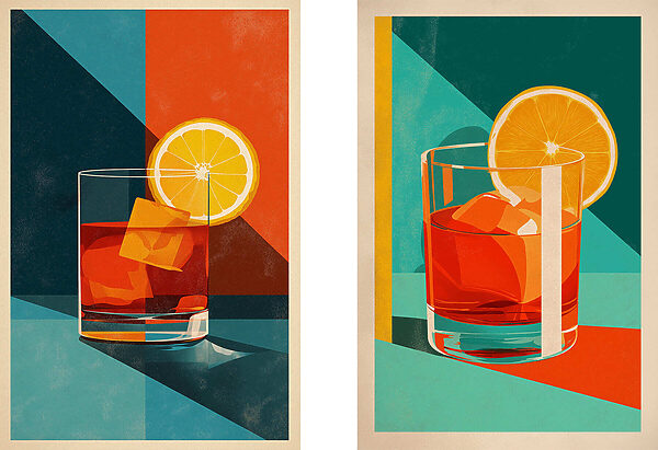 Two images of a drink with ice cubes and a lemon Two images of a drink with ice cubes and a lemon