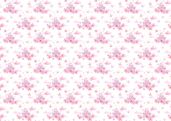 Pattern of pink and purple butterflies and a castle