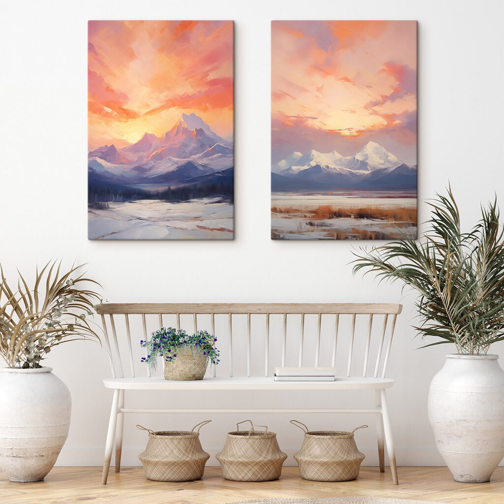 Painting of a snowy mountain range Painting of a snowy mountain range