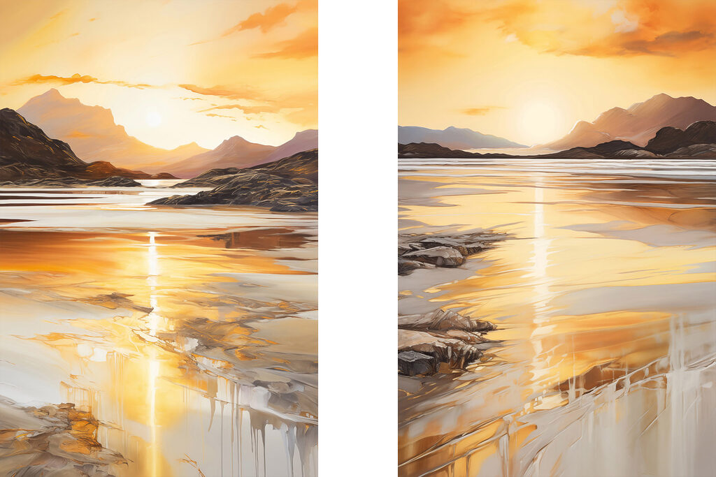 Painting of a beach and mountains Painting of a beach and mountains