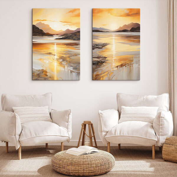 Painting of a beach and mountains Painting of a beach and mountains