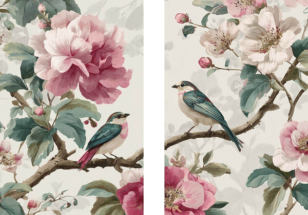 Two birds on a branch with flowers Two birds on a branch with flowers