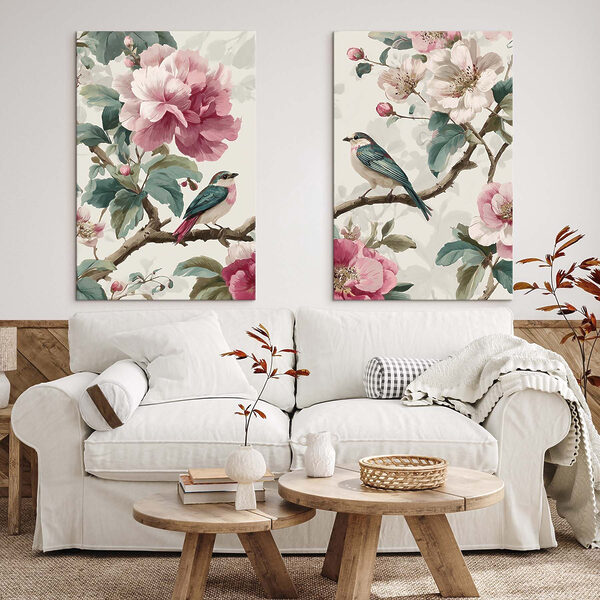 Two birds on a branch with flowers Two birds on a branch with flowers