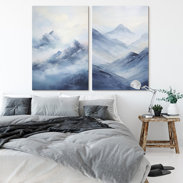 Painting of mountains in fog Painting of mountains in fog