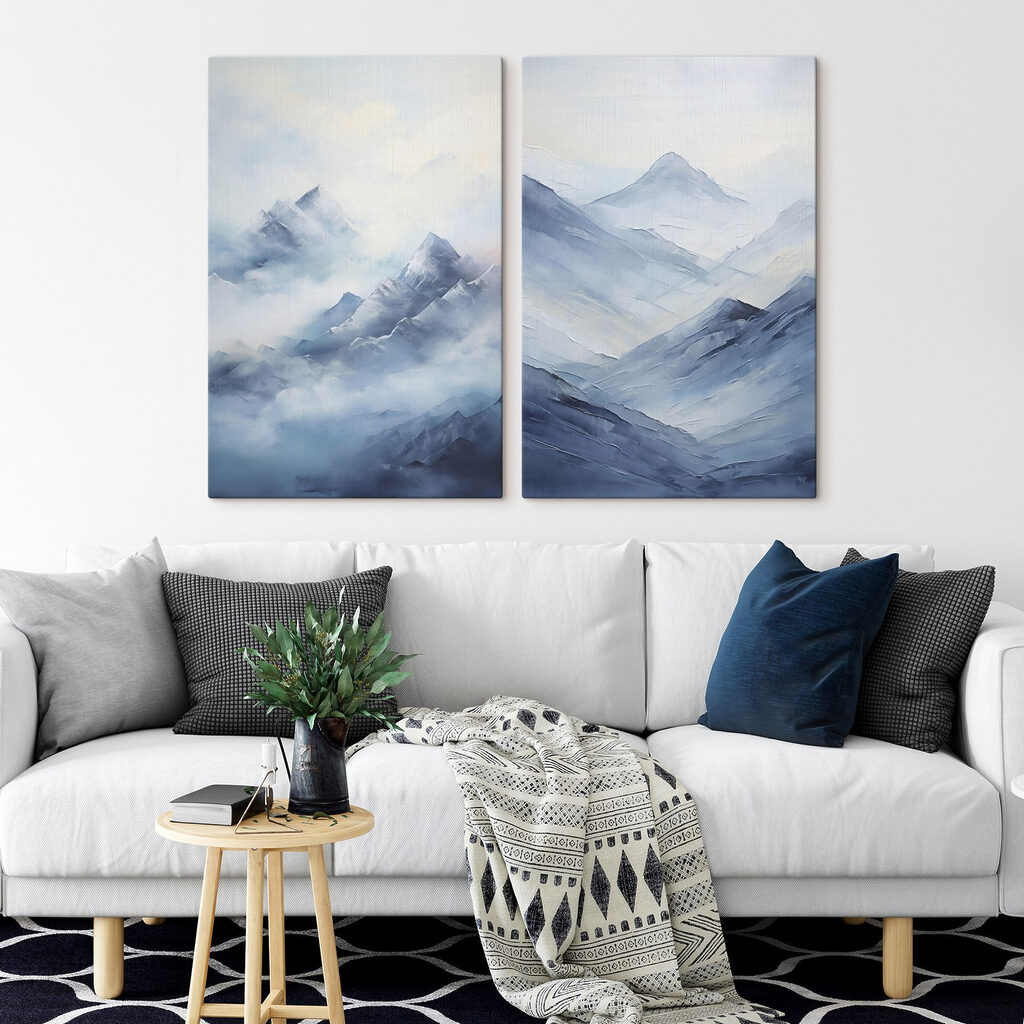 Painting of mountains in fog Painting of mountains in fog