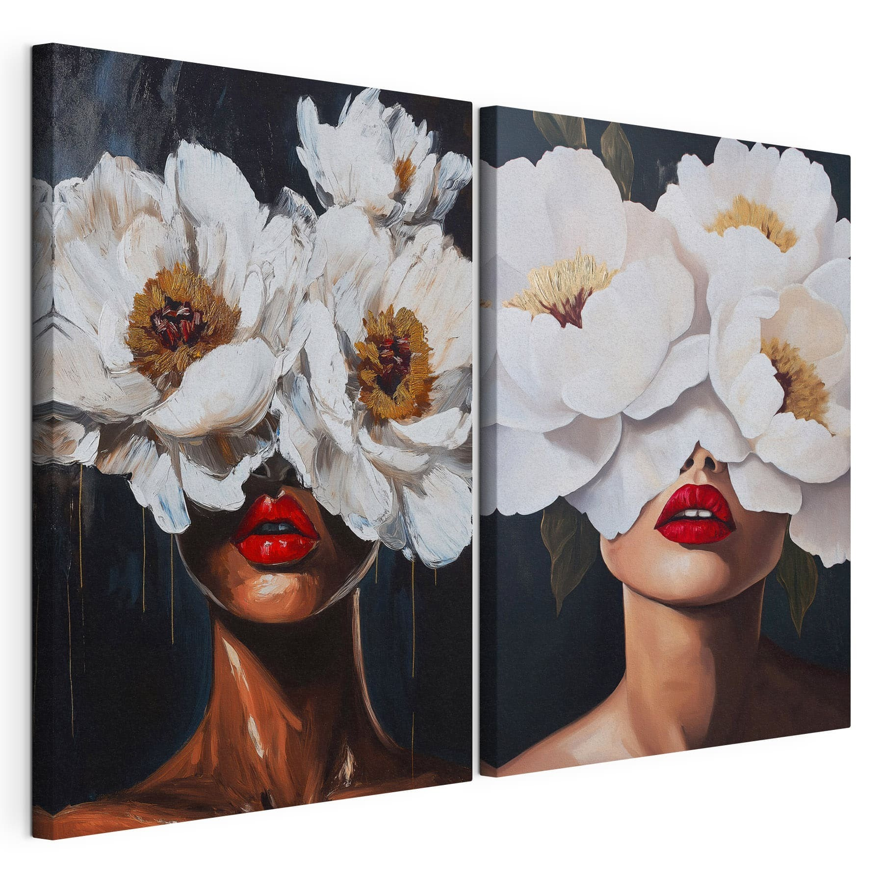 Painting of a woman with flowers over her eyes Painting of a woman with flowers over her eyes
