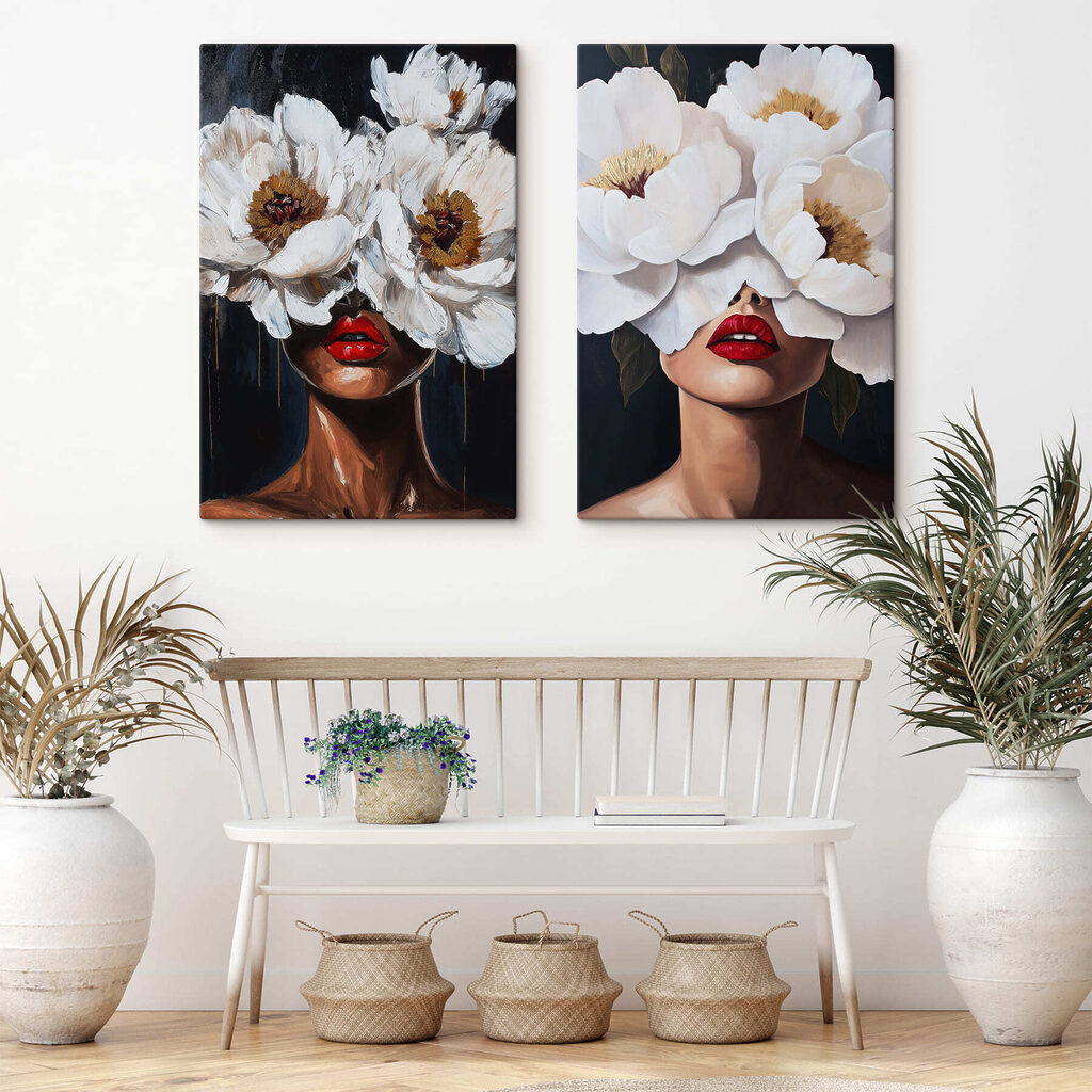 Painting of a woman with flowers over her eyes Painting of a woman with flowers over her eyes