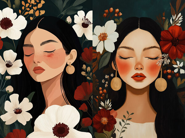 Dreamy faces among vibrant blooms Dreamy faces among vibrant blooms