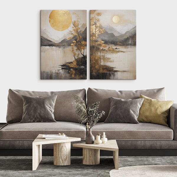 Painting of a landscape with a moon and mountains Painting of a landscape with a moon and mountains