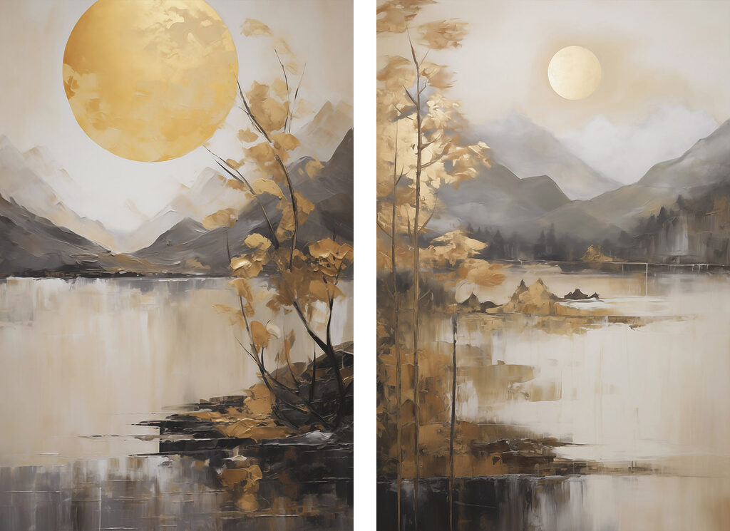 Painting of a landscape with a moon and mountains Painting of a landscape with a moon and mountains